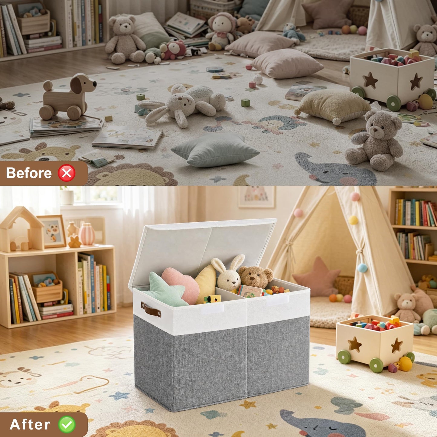 Bagnizer Large Toy Storage Box with Lids, Collapsible Sturdy Baby Storage Organizer Chest Bin Basket for Kids, Boys, Girls, Playroom, Nursery, Bedroom, Closet 25"x13"x16" (Gray and White)