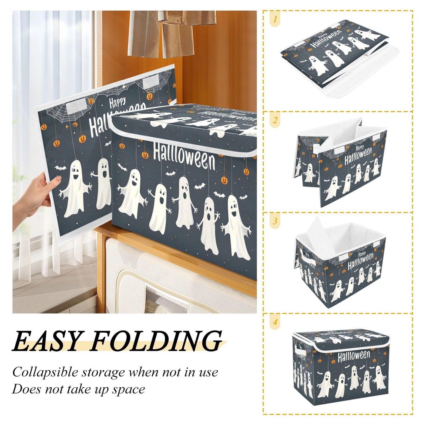 Storage Bins with Lids and Handles,Halloween Spider Bat Storage Box Storage Basket with Cover Collapsible Organizer Containers for Home Closet, Shelves