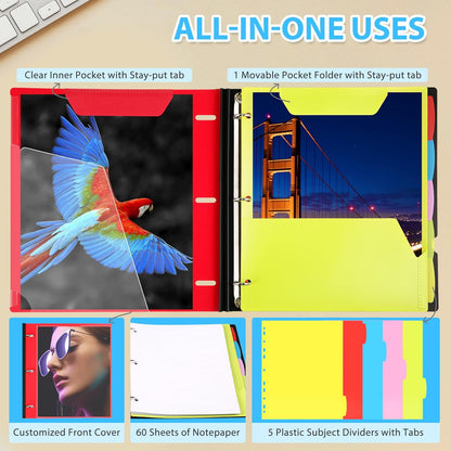 WOT I 2-Pack Telescoping 3 Ring Binder Notebooks - Customizable Cover, 5 Dividers & Pocket Folder in One Slim Organizer (60 Sheets Included), Red