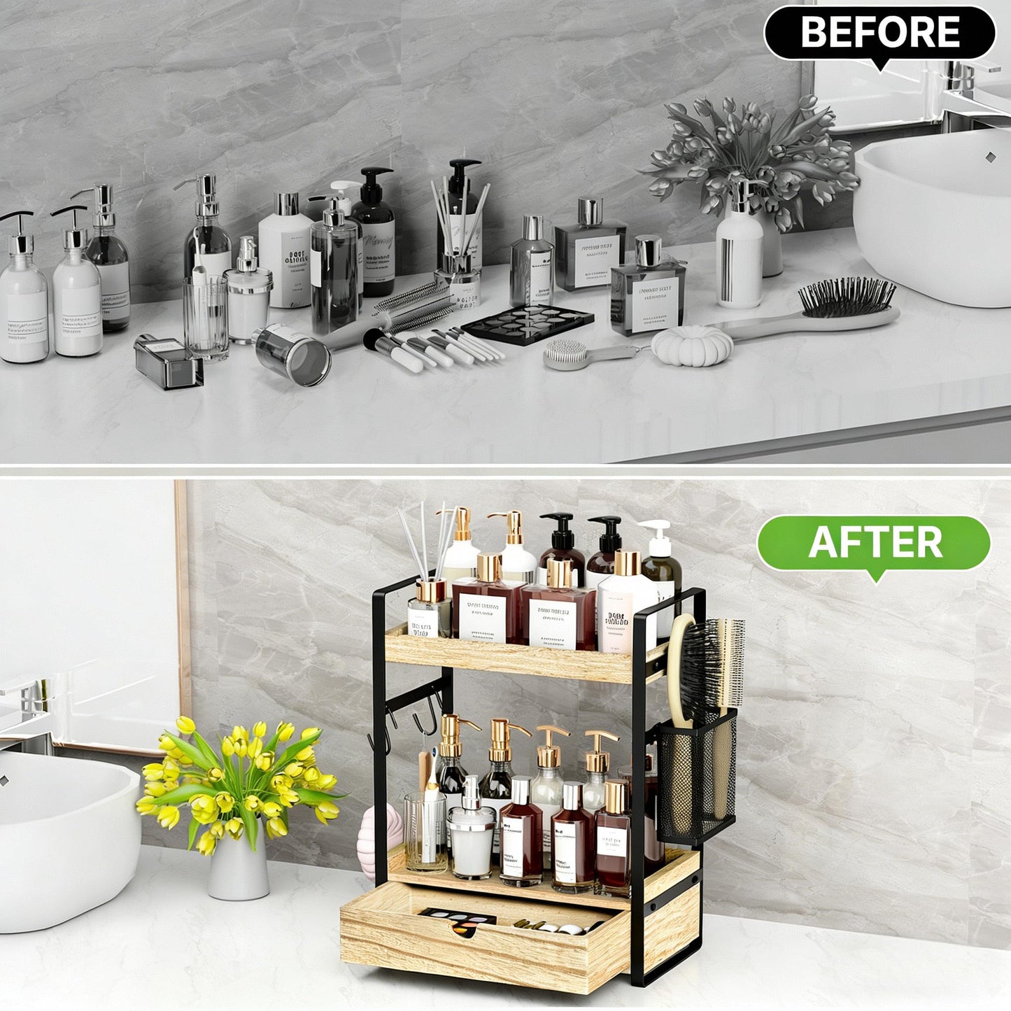 2-Tier Bathroom Counter Organizer with Drawer Basket and Hooks, Wood Bathroom Organizers and Storage for countertop, Farmhouse Brown Countertop Organizer, Counter Shelf for Vanity, Kitchen, Office