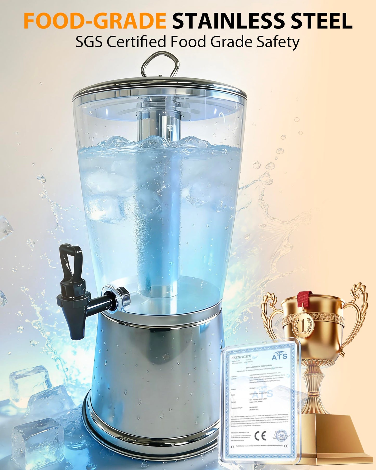 GUSTOCHEF Beverage Dispenser with Stand, 2.5 Gallon Drink Dispenser for Parties,Events,Buffet &Self-Serve,Dual Ice Tube Core Fruit Infuser,Leakproof Spigot,Clear PC Container, Stainless Steel Lid&Base