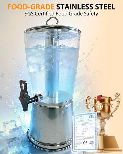 GUSTOCHEF Beverage Dispenser with Stand, 2.5 Gallon Drink Dispenser for Parties,Events,Buffet &Self-Serve,Dual Ice Tube Core Fruit Infuser,Leakproof Spigot,Clear PC Container, Stainless Steel Lid&Base