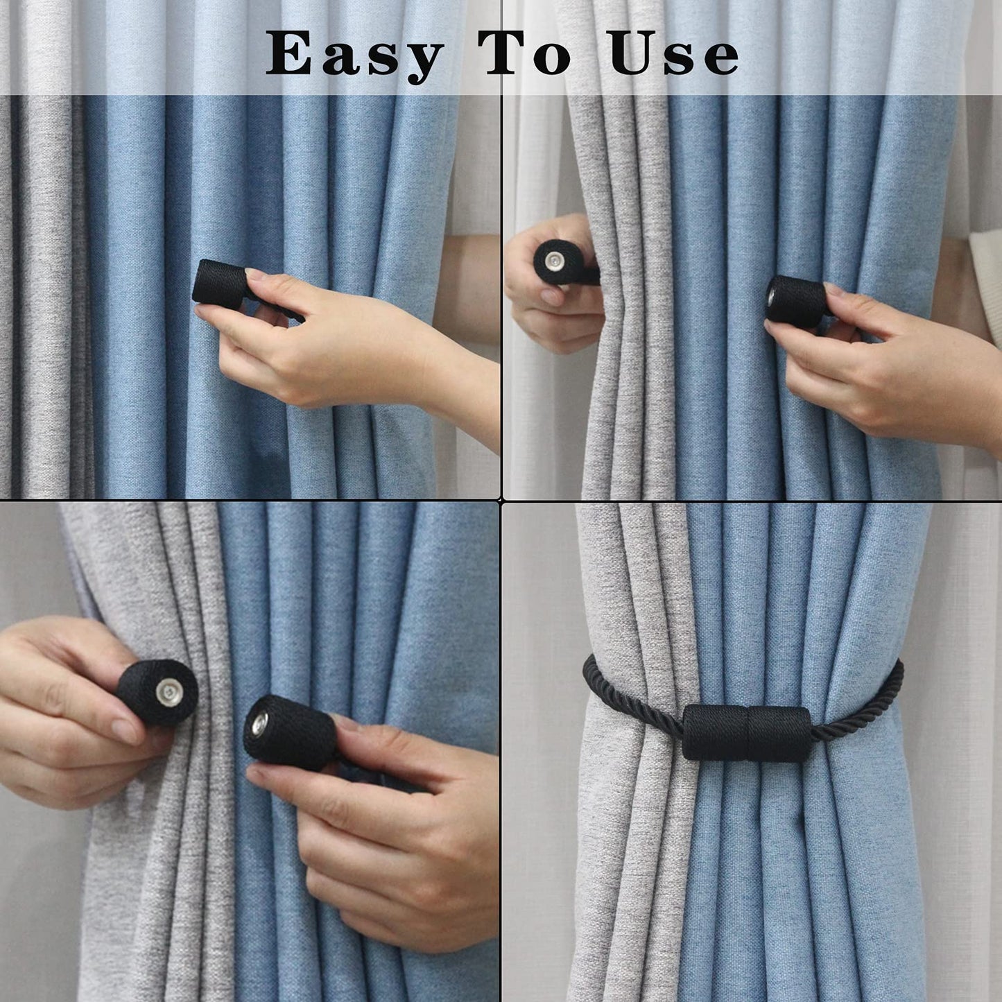 Porlau 4 Pack Strong Magnetic Curtain Tiebacks Outdoor Elegant Decorative Tie Backs Modern Rope Tiebacks for Drapes Window Curtain Holdbacks for Draperies- Black