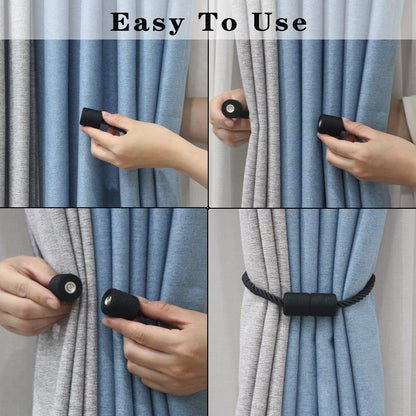 Porlau 4 Pack Strong Magnetic Curtain Tiebacks Outdoor Elegant Decorative Tie Backs Modern Rope Tiebacks for Drapes Window Curtain Holdbacks for Draperies- Black