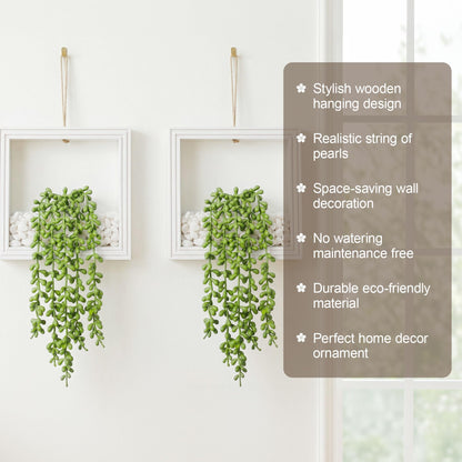 FancyPlus 2 Pack Fake Plants Hanging, Artificial Succulents Plants in Square Wooden Frame with LED Lights, Boho Wall Decor for Office Living Room Bathroom Bedroom Kitchen Indoor Outdoor, White