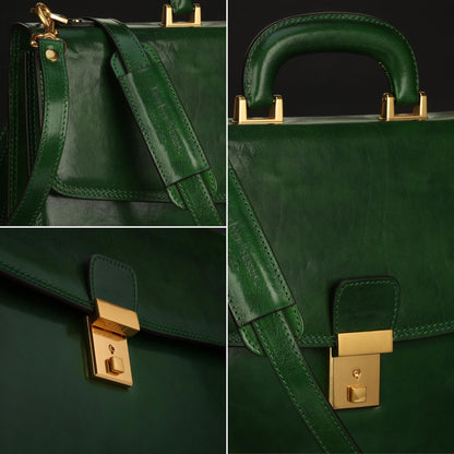 Time Resistance Leather Briefcase - Italian Handmade Leather Laptop Bag - Handbag for Men - Professional Computer Case (Green)