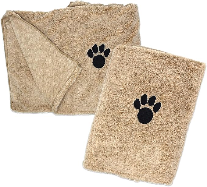 Zelica Dog Bath Drying Towels | Super Absorbent Shower Towels for Small Pet Dogs | Cute Light Brown Dog Towel | 34” x 25” (2 Pack)
