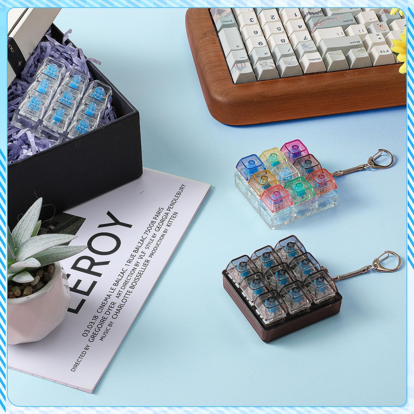 Halloscume 3 Pcs Keyboard Adult Fidget Clicker 9-in-1keyboard Fidget Keychain Cube Mechanical Key Button Clicker Stress Relief Gift for Office Home to Pass The Time (Transparent Colors)