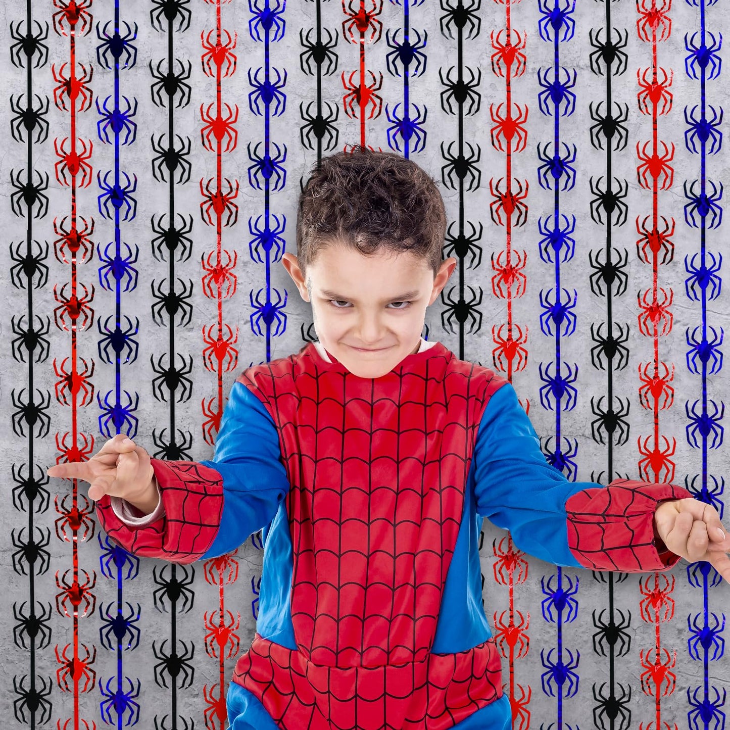 Bupelo Spider Web Birthday Decorations,2 Pack Red Black and Blue Spider Birthday Party Supplies 3.3 x 6.6ft Tinsel Foil Fringe Curtains Photo Booth Props Backdrop Streamers, House Room Decor for Boys