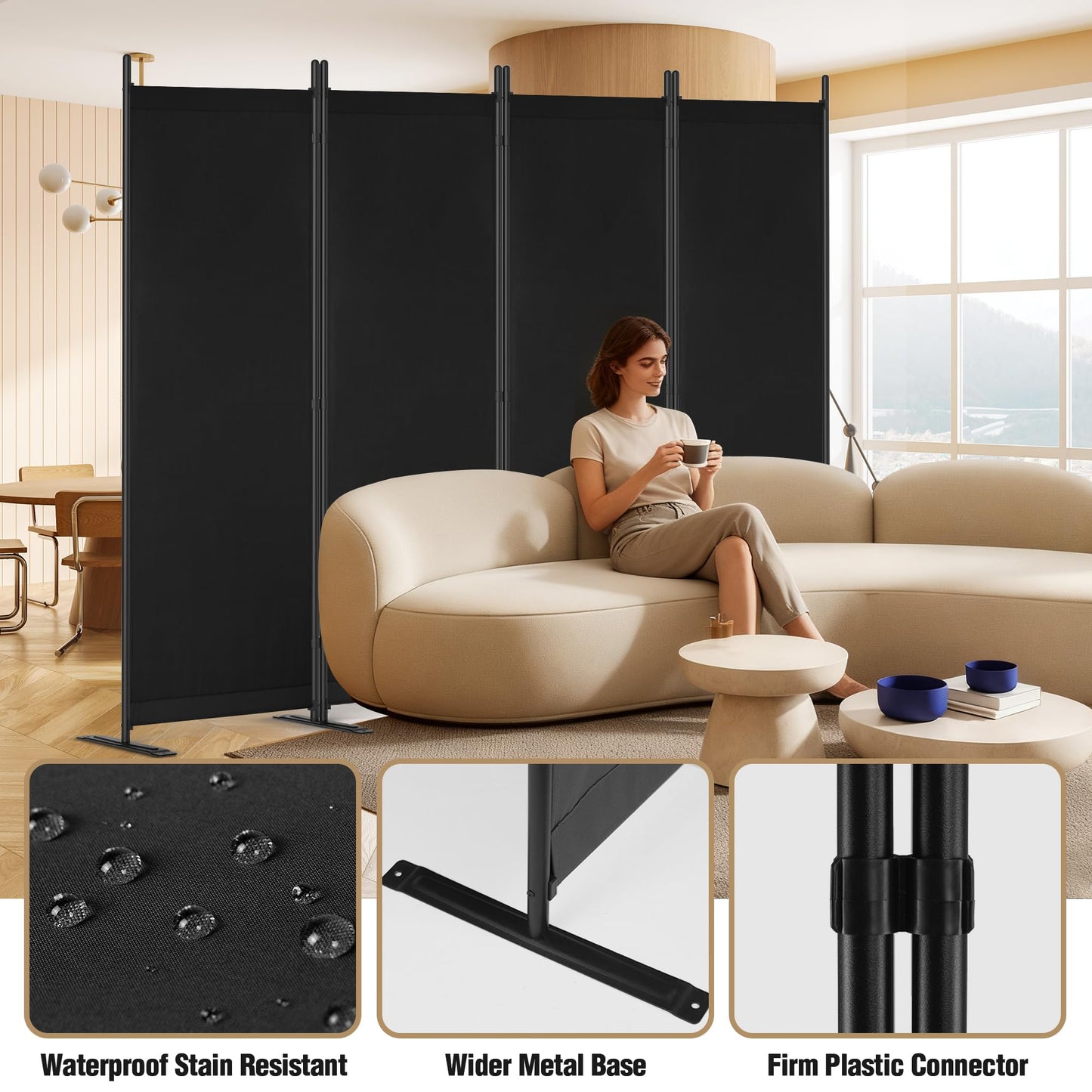 Yettsoy Room Divider 6FT Tall Folding Privacy Partition Screen, 88'' W Portable Wall Divider for Room Separation, Freestanding 4 Panel Room Divider Panel Privacy Screen for Dorm Studio Office, Black