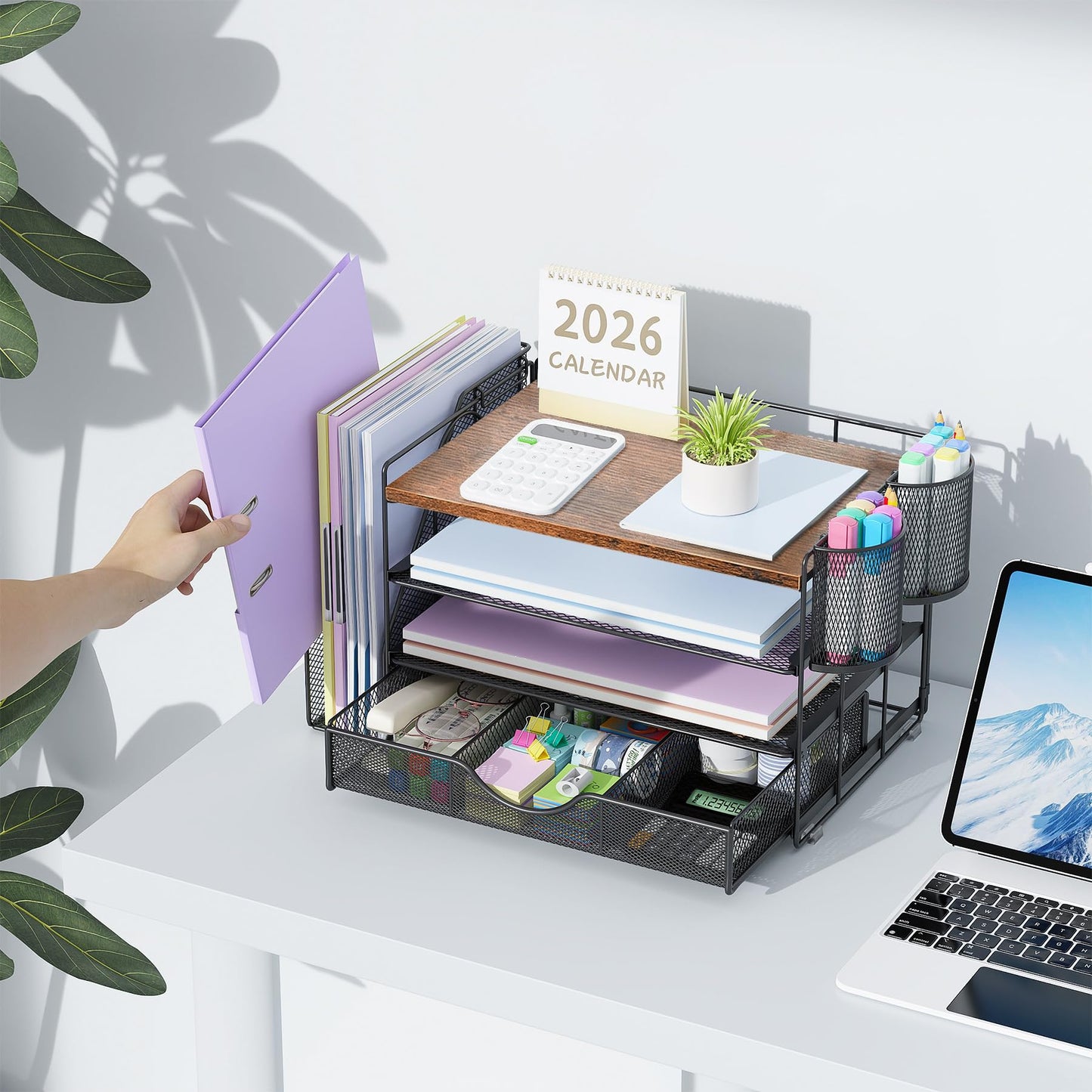 gianotter Desk Organizers and Accessories with File Holder, 4-Tier Desk Accessories & Workspace Organizers with Drawer and 2 Pen Holder, Paper Organizer for Office Supplies (Wood)