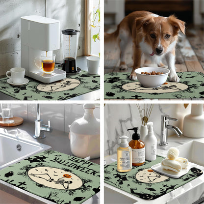 Wnoesat Happy Halloween Dish Drying Mat for Kitchen Counter 18x24 Skull Pumpkin Witch Spider Web Bat Ghost Drying Mats Green Black Absorbent Microfiber Dish Drainer Rack Pad for Coffee Bar