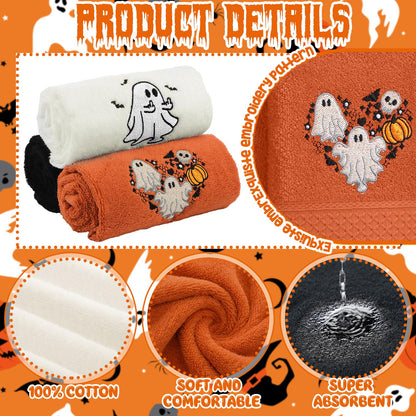 FuWeave 3 Pcs Halloween Hand Towels Funny Spooky Ghost Embroidered Decorative Hand Towels for Bathroom Kitchen Decor Set, 100% Cotton, 13.3 x 29.5 Inches