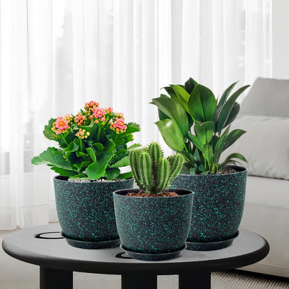 WSMKSZ Large Flower Pots 12/10/9 inch, Set of 3 Decorative Plastic Planters with Drainage Holes and Saucers for Garden House Plants, Plant Pots for Indoor Outdoor Plants, Black with Green Speckles