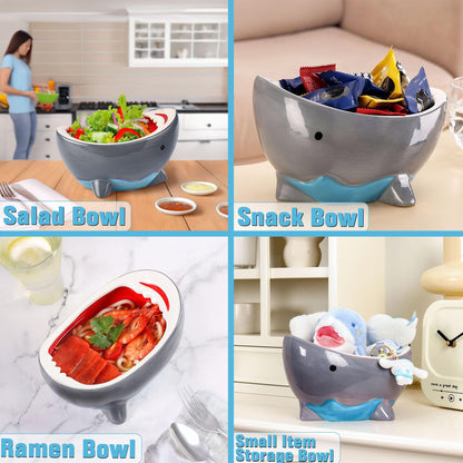 40 oz Large Shark Salad Bowl, Handmade Fruit Bowls for Kitchen Counter, Decorative Key Bowl Cute Ceramic Ramen Popcorn Snack Candy Serving Bowls, Unique Funny Shark Gifts Birthday Party Decorations