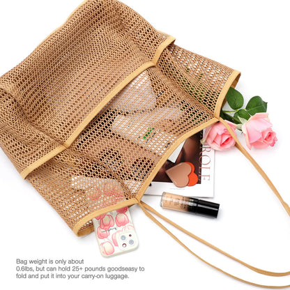 KPX Beach Bag with Mini Pocket, Summer Beach Tote Bags for Women Large Foldable Mesh Swimming Pool Travel Bags - Sandproof(Khaki)