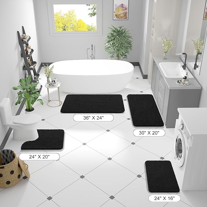 OLANLY Bathroom Runner Rugs 47x17, Extra Soft Absorbent Chenille Bath Rugs, Rubber Backing Quick Dry, Machine Washable Long Bath Mats for Bathroom Floor, Tub and Shower, Home Decor Accessories, Black
