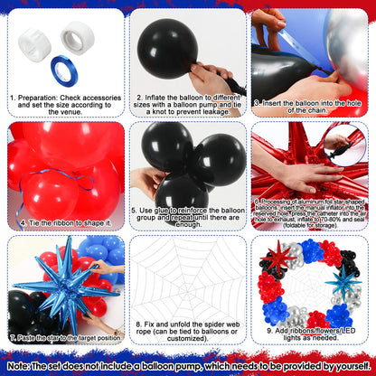 Leyndo 332 Pcs Spider Balloons Arch Garland Kit with 10.8 ft 7 Coils White Fake Spider Web Black Red and Blue Metallic Silver Latex Balloons Arch Kit for Hero Theme Baby Shower Birthday Party Decor