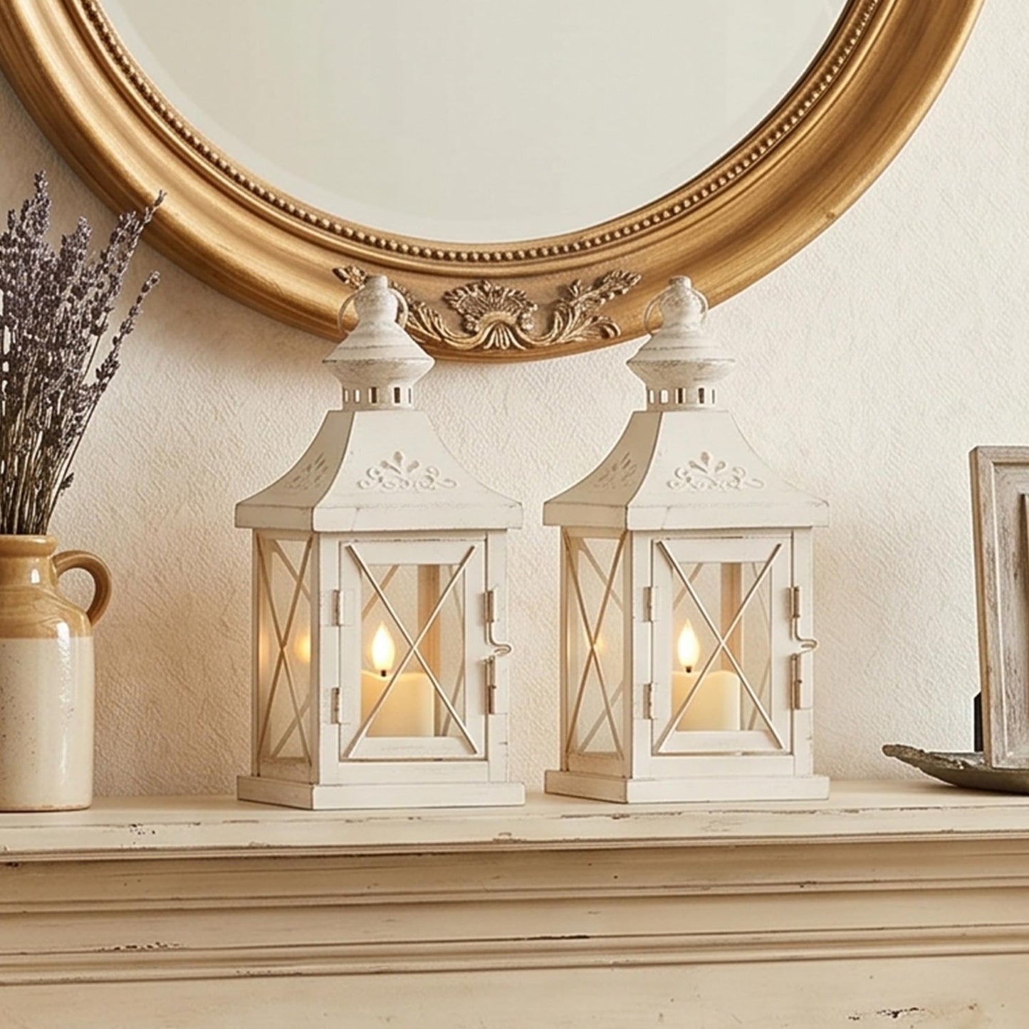 TRIROCKS Set of 2 Decorative Candle Lantern 11'' High Metal Candle Holder Hanging Lantern Perfect for Home Decor Halloween Living Room Parties Events Tabletop Indoors Outdoors (White with Gold Brush)