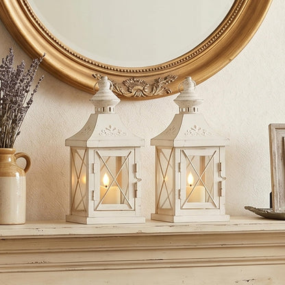 TRIROCKS Set of 2 Decorative Candle Lantern 11'' High Metal Candle Holder Hanging Lantern Perfect for Home Decor Halloween Living Room Parties Events Tabletop Indoors Outdoors (White with Gold Brush)