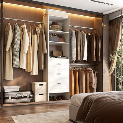 Besiost 96'' Closet Organizer System with 3 Hanging Rods, 8FT Closet Organizers and Storage with 3 Wooden Drawers, Built in Closet Organizer Systems, Adjustable Walk-in Wardrobe from 5-8FT, White