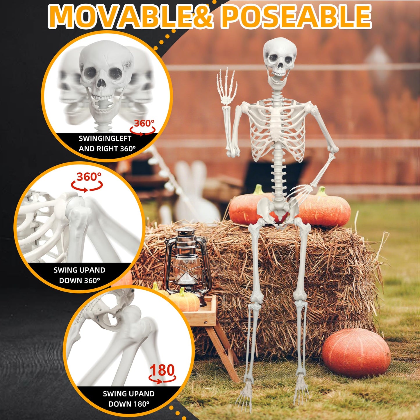 LOSFOTBO 5.9Ft/180cm Giant Skeleton Poseable Skeleton Realistic Full Body Bones for Halloween Decorations