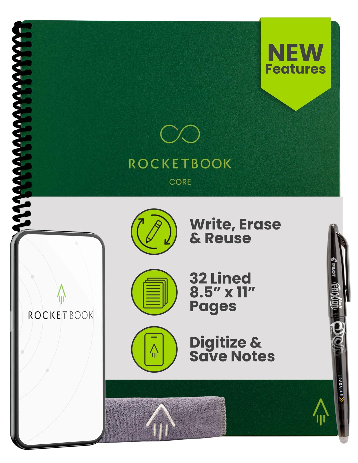 Rocketbook Core Reusable Smart Notebook, Lined Pages For School, Work and Creative Projects, Letter Size 8.5x11, Green - Premium