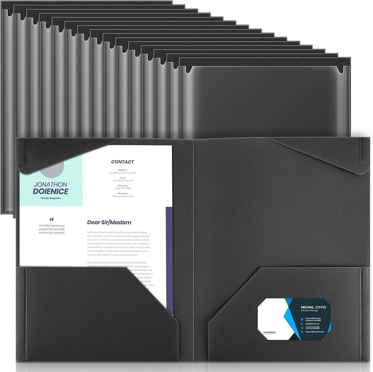 Henoyso 36 Pcs Plastic Folders with Clear Front Pockets Heavy Duty File Folders with 2 Pockets and Card Slot for Student Communication School Office Presentation Report (Black)