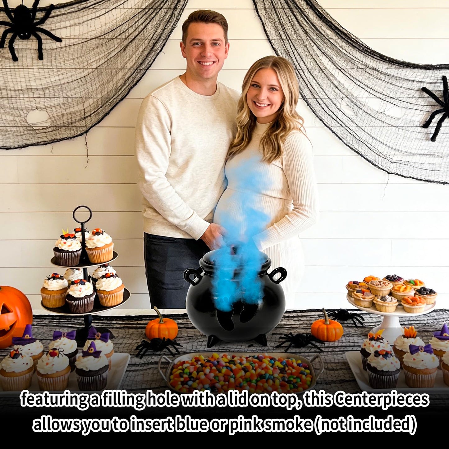 JarThenaAMCS Halloween Gender Reveal Party Decoration Black Witch Cauldron Baby Shower Table Centerpieces He or She Resin Footprint Cauldron with Lid for Birthday Party Supplies