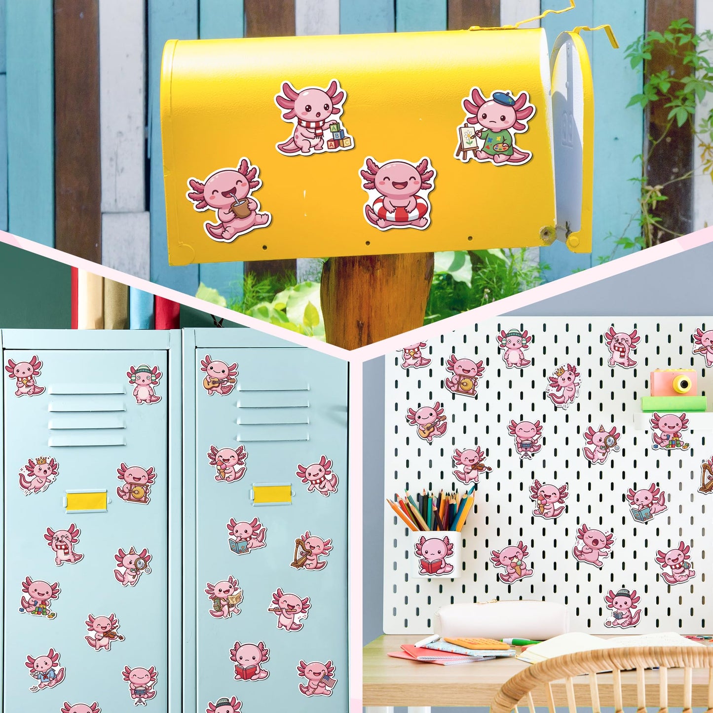 MALLMALL6 Axolotl Fridge Magnets, 48Pcs Cute Salamander Refrigerator Magnetic Sticker Summer Pink Decor Accessories with Ice Cream Guitar for Home Kitchen Office Locker Mailbox, Adorable Kawaii Gift