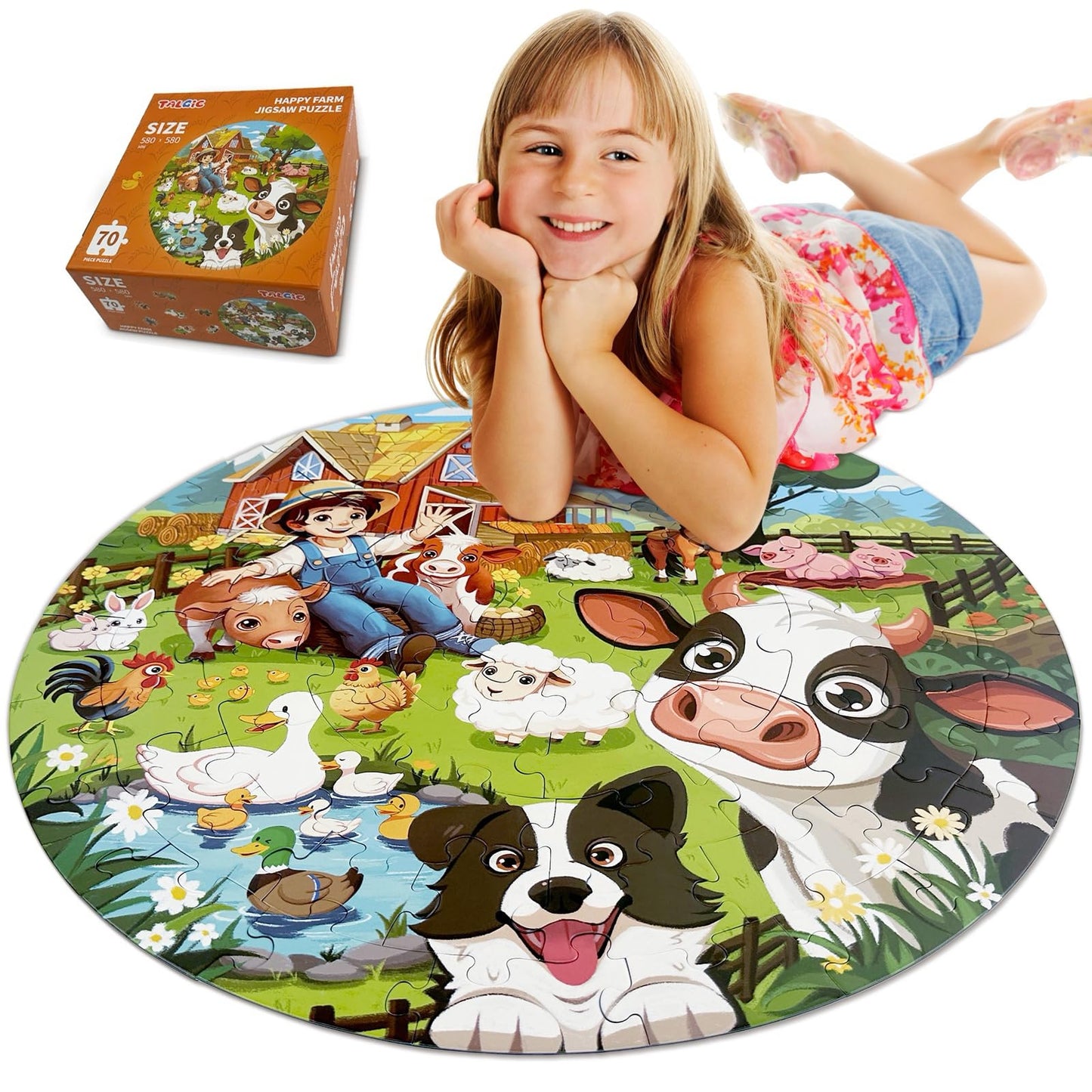 TALGIC Puzzles for Kids Ages 4-6, 70 Piece Round Floor Puzzles for Kids Ages 3-5 with Animals & Barn, Popular Educational Toys & Gift for 3 4 5 6 7 8 9 10