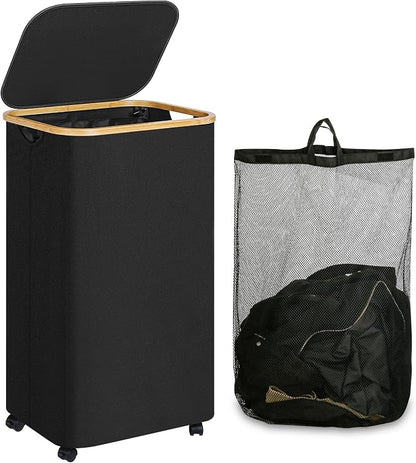 Laundry Basket with Wheels, 110L Black Clothes Hamper for Laundry, Laundry Hamper with Lid and Inner Bag, for Laundry Room, Bedroom, Dormitory Storage,Black