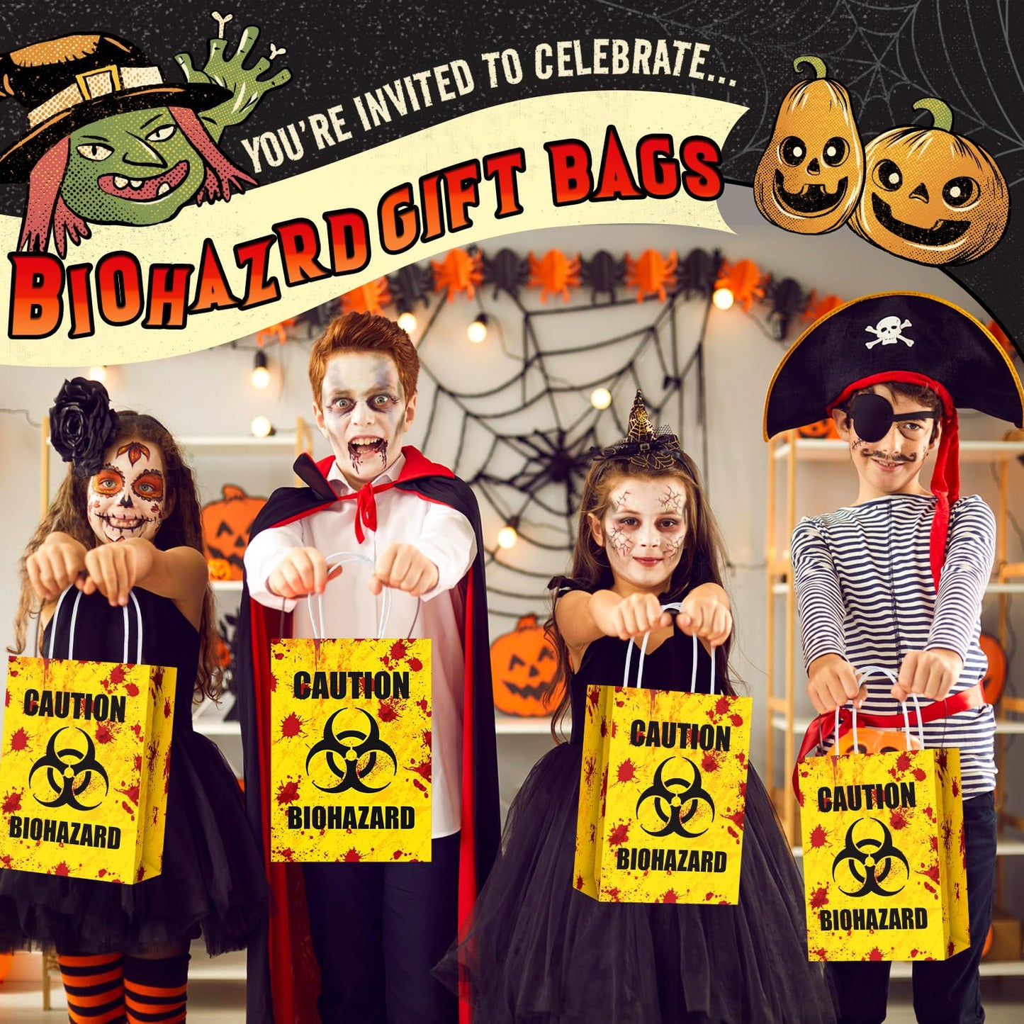 TaoBary 24 Pcs Halloween Biohazard Treat Bags Halloween Paper Gift Bags with Handles Zombie Theme Horror Party Favors for Candy Goodie Snacks Holiday Party Supplies