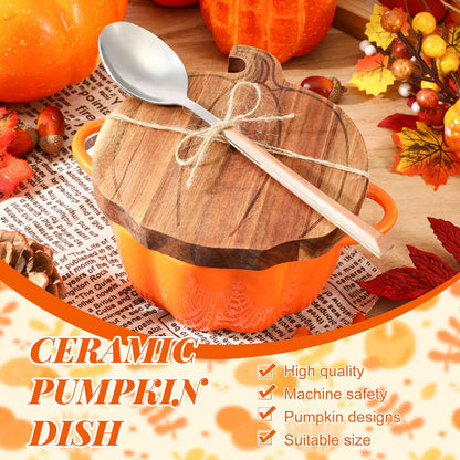 Mimorou 11 oz Pumpkin Pot with Carved Wooden Lid and Spoon Thanksgiving Pumpkin Bowl Orange Cute Cookware Soup Dish Safe Oven Pot with Wooden Lid and Handle for Fall Autumn Cooking Baking
