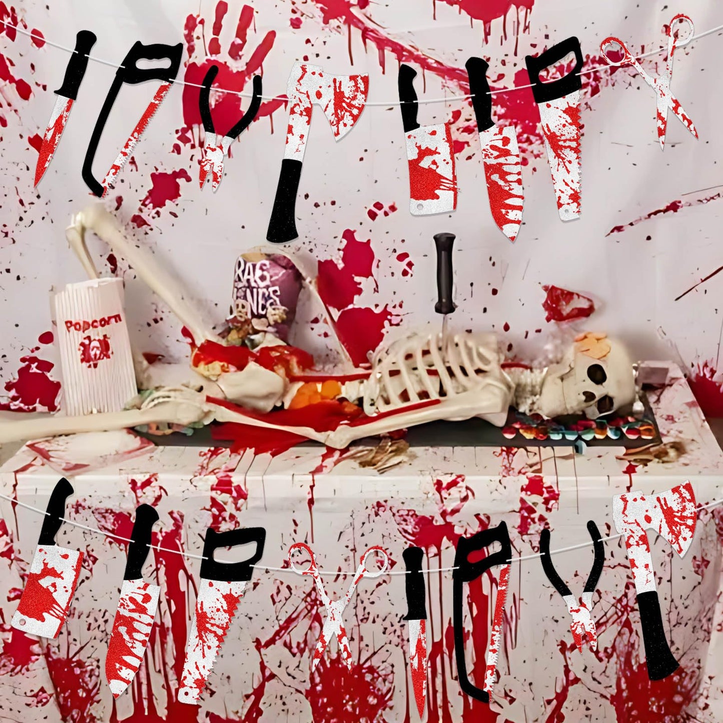 4PCS Halloween Party Decorations Bloody Banner Horror Scary Garland Set Decor for Creepy Movie Theme Birthday Carnival Spooky Props Supplies