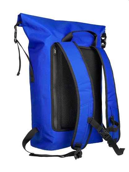 PUFFERFISH 35L Waterproof Roll-Top Beach Backpack - Sandproof Dry Bag Daypack for Beach, Pool, Boat & Travel - Padded Back & Straps, Multiple Pockets, Recycled Plastic, Blue