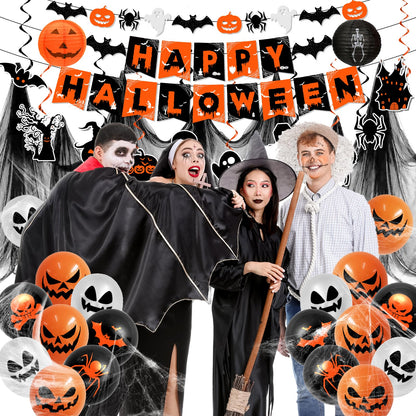 Halloween Decorations,Orange and Black Halloween Party Decorations Hanging Swirls,Ghost and Bat Spider Banner,Creepy Cloth, Balloon for Spooky halloween Decor Set