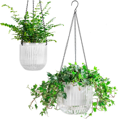 Melphoe 2 Pack Self Watering Hanging Planters Indoor Flower Pots, 5.3/8.3 Inch Outdoor Hanging Basket, Plant Hanger with 3Hooks Drainage Holes for Garden Home (White)