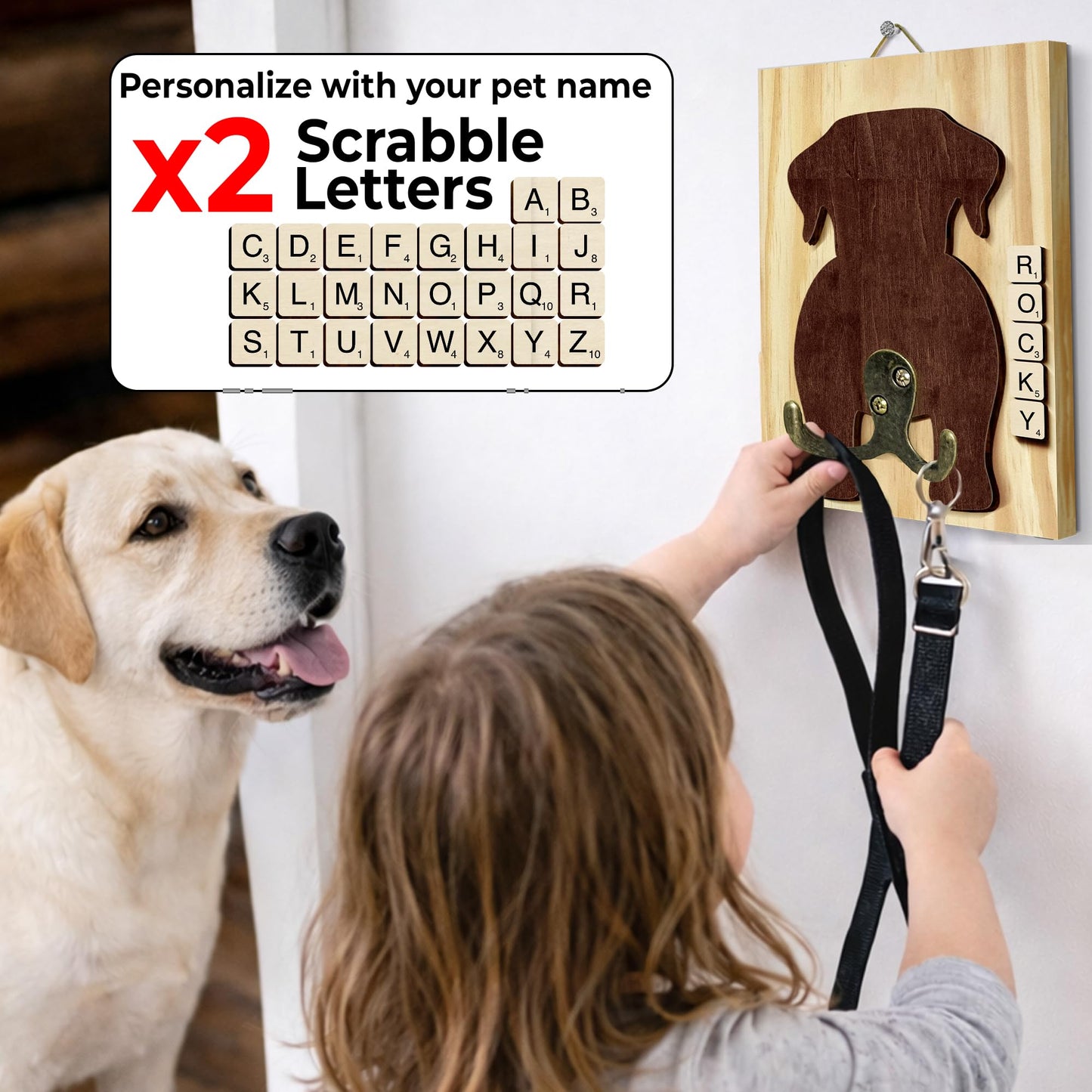 Labrador Retriever Dog Leash Holder Wall Mount with Scrabble Letters, Wooden Dog Wall Hook Organizer, Pet Collar and Harness Holder Entryway, Key Hook & Leash Rack, Home Decor for Pet Lovers PF297-48