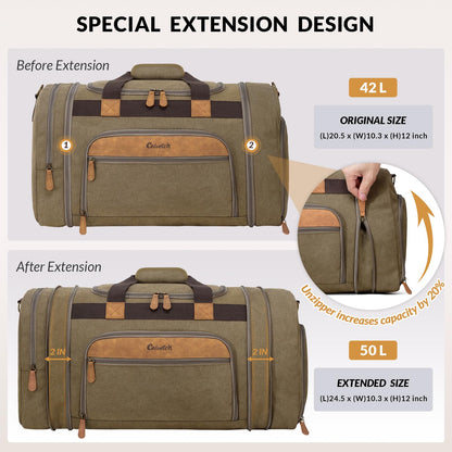 Celvetch Canvas Duffle Bag for Travel 50L Expandable Travel Duffel Bags for Men Women Weekender Overnight Bag with Shoes Compartment - Brown