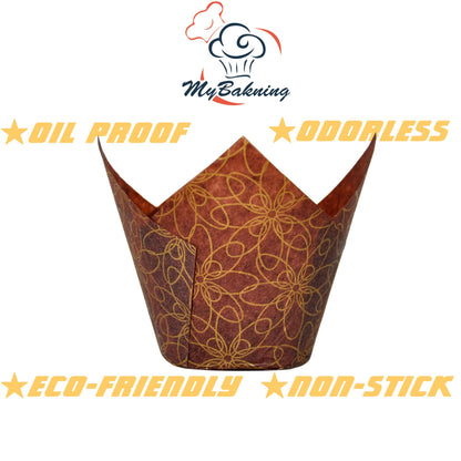 MyBakning (JUMBO Large size) Brown Golden pattern Tulip Baking Cups 2-1/4"(Base diameter) x 3-3/4"(Wall height) Greaseproof paper Muffin liners, Case of 130 pcs