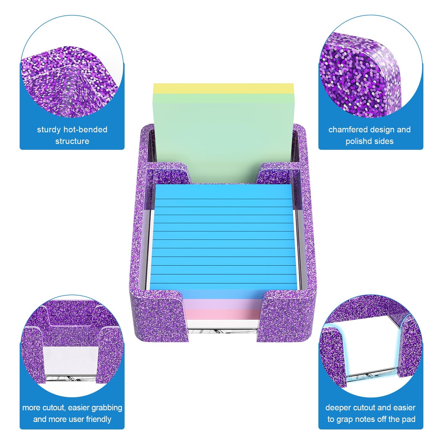 WINFFOR Acrylic Notepad Holder Dispenser - 3x3 in 2IN1 Sticky Note Memo Holder for Desk Organizer (W/O Pads) Office Desk Accessories School Supplies, Glitter Purple