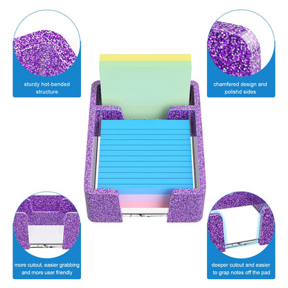WINFFOR Acrylic Notepad Holder Dispenser - 3x3 in 2IN1 Sticky Note Memo Holder for Desk Organizer (W/O Pads) Office Desk Accessories School Supplies, Glitter Purple