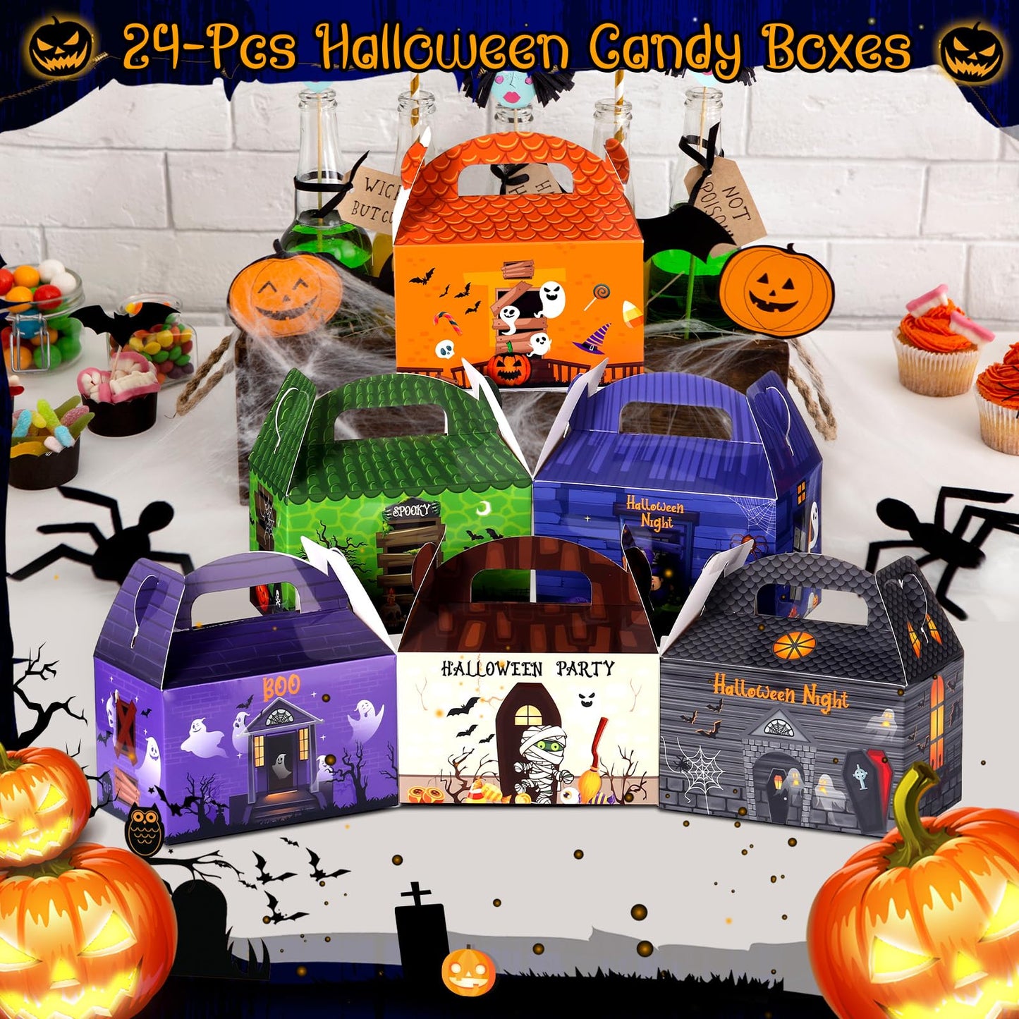 TaoBary 24 Pieces Halloween Candy Treat Box Set Halloween Goodie Boxes Favors Boxes for Birthday Treat Cookies Goodie Box Supplies(House Style)