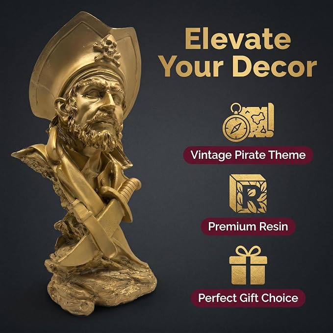 H&W Golden Pirate Figurines - Buccaneer Francis Drake Statue Decoration for Home/Study/Living Room, Great Collectible Figurines, Best Gift for The Man, Sandstone Color (HH17-D5)