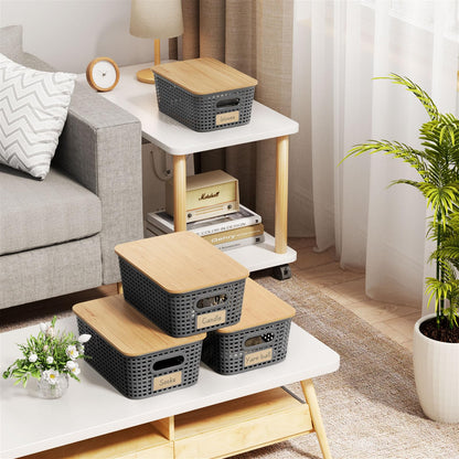 6Pcs Storage Bins with Lids, Stackable Plastic Storage Basket with Bamboo Lid, Pantry Organizer Box Small Containers for Organizing Shelves Drawer Desktop Closet Cabinet Office Classroom 10x7.1x4.1in