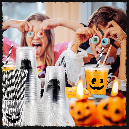 Bokon 60 Pcs Halloween Plastic Cups with 60 Lids and 75 Pcs Straws 12oz Disposable Clear Ghost Face Cups Bulk 12 Styles for Beverage Drink Snacks Wine Halloween Trick or Treat Supplies