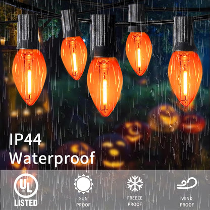 CHYParty 12FT Orange Halloween Lights Outdoor, C7 LED String Lights Plug in with Black Wire for Patio, Porch Railing, Walkway, Party Backdrop Decor