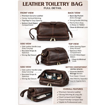 cuero Premium Genuine Leather Toiletry Bag for Men – Large Double Layer Travel Dopp Kit with Zipper Compartments,Lining & Handle – 9.5” Travel Shaving Organizer