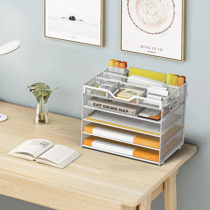 OrgMate 5 Tier Paper Letter Tray with 3 Drop-in Pen Holders, Mesh Desk File Organizer with Handle, Desk Organizers and Accessories for School,Home, Office Supplies Storage-White